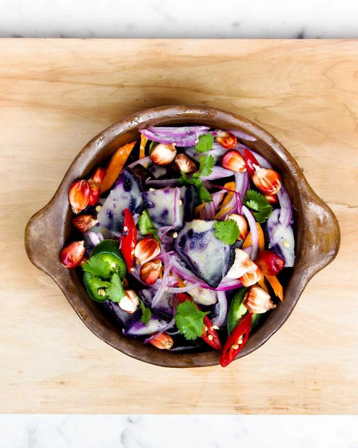 Colourful salad bowl shot from above